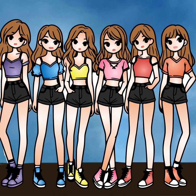 a group of girls wearing crop tops and shorts