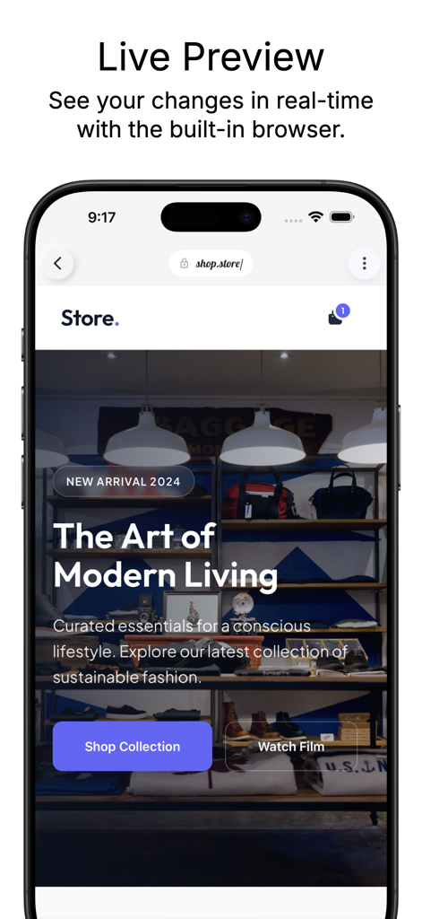 Vista previa en vivo de un sitio web móvil dentro del navegador integrado de la app Web IDE.