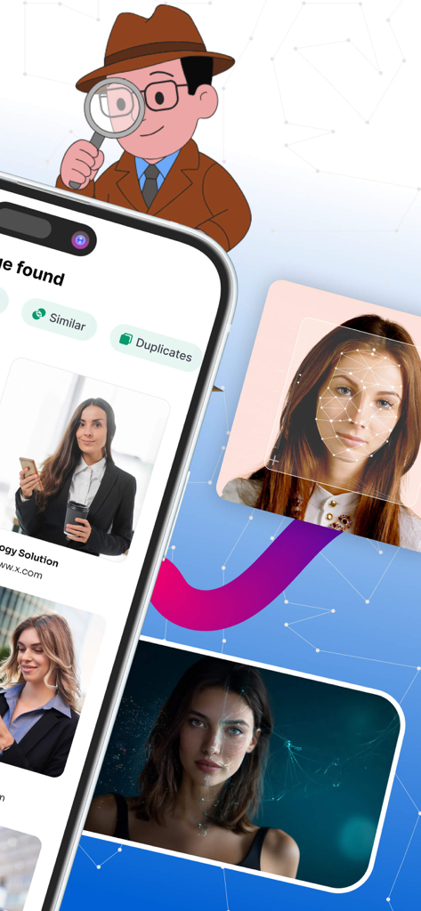 PimEyes - Similar Face Search - Interface of PimEyes app showing facial recognition scans and similar image search results.
