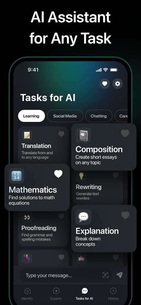 AI Expert - Chatbot Assistant - AI Expert app interface showing a menu of learning tasks such as translation and mathematics