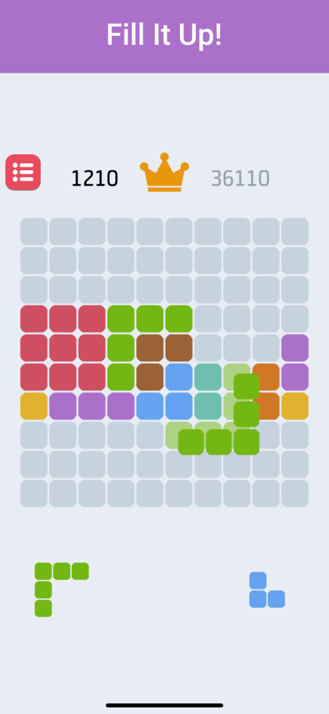 1010 - Block Puzzle Game - Una schermata di gioco minimalista 10x10 da 1010 Block Puzzle Game che mostra varie forme colorate e il punteggio attuale.