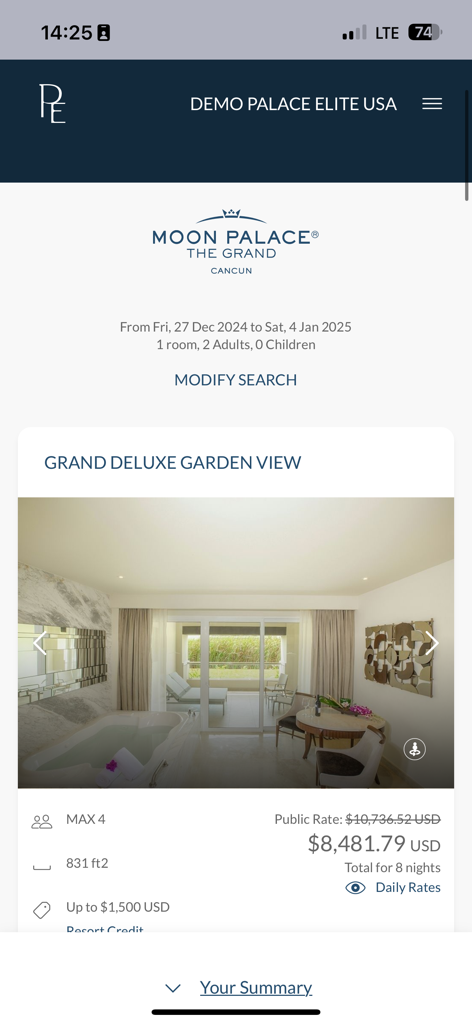Palace Elite - Pantalla móvil de la aplicación Palace Elite que muestra los detalles de la reserva del resort de lujo para Moon Palace The Grand Cancun con tarifas exclusivas para miembros