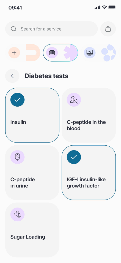 iMed: Healthcare at Home - Diabetes lab test selection screen in the iMed healthcare app