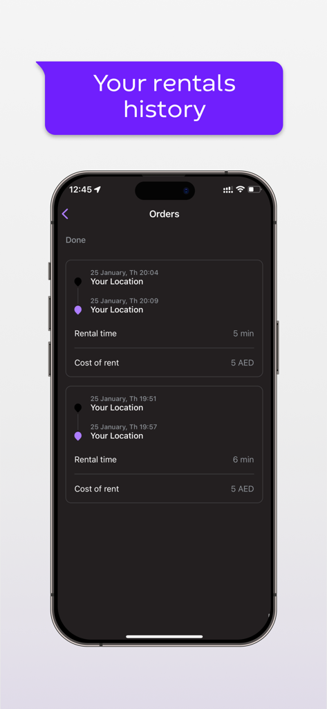 Interface showing the rental history of powerbanks in the Keep In Touch app including rental time and cost in AED
