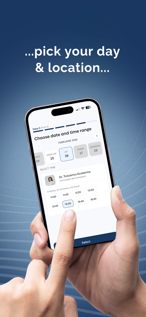 InvitroZen - Una pantalla móvil que muestra el proceso de selección de fecha y hora para una cita con un especialista médico en la aplicación InvitroZen.