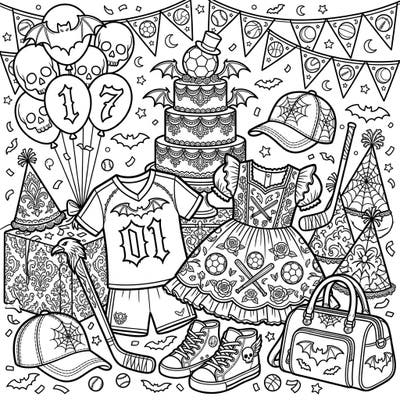 Dive into a uniquely eerie and athletic celebration with this Gothic Sports Birthday coloring page. Featuring a mix of sports apparel, spooky party decorations, and intricate designs, it's perfect for a creative and unconventional coloring experience.
