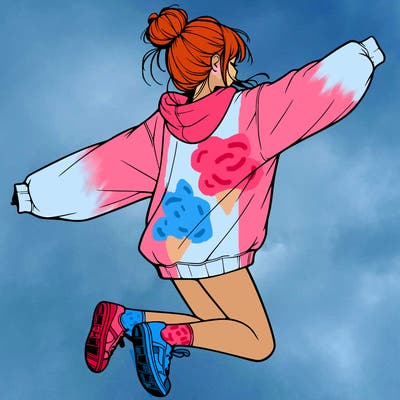 realistic girl jumping with a bun and oversized sweatshirt