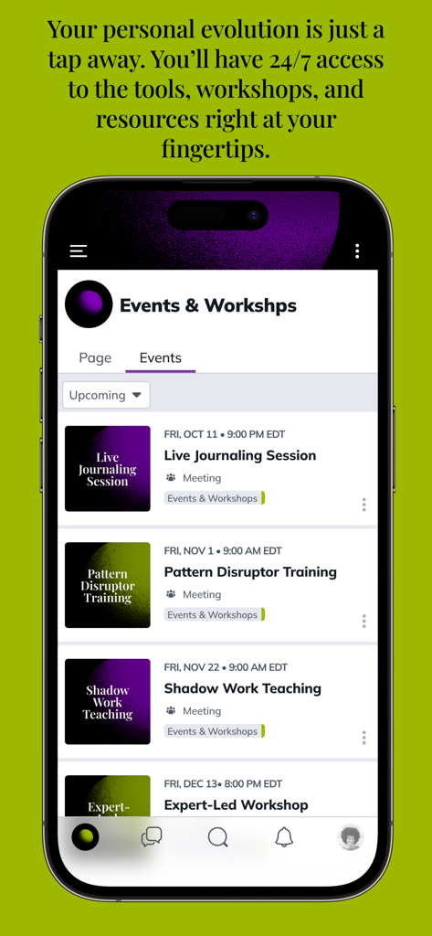 My Shadow World - My Shadow Worldアプリのスクリーンショット。今後のライブジャーナリングとシャドウワークワークショップが表示されています。