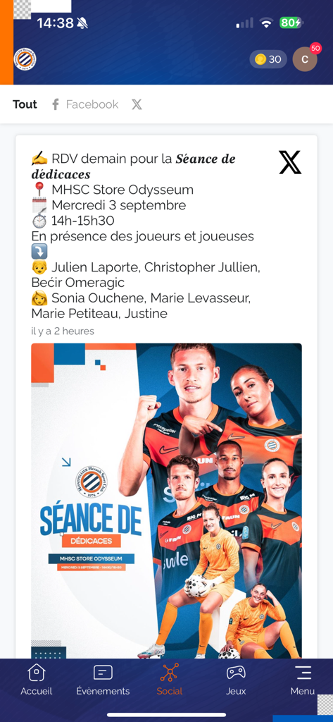 Montpellier Hérault Sport Club - The social feed interface of the MHSC mobile app displaying a post about an upcoming player autograph session.