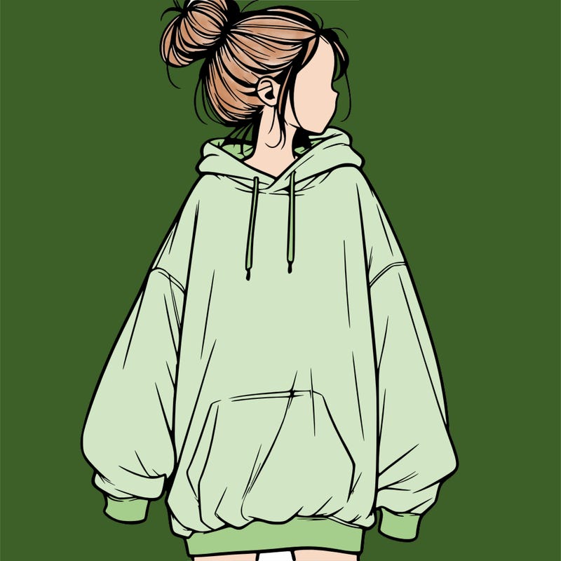 realistic girl with a oversized sweatshirt on and a bun