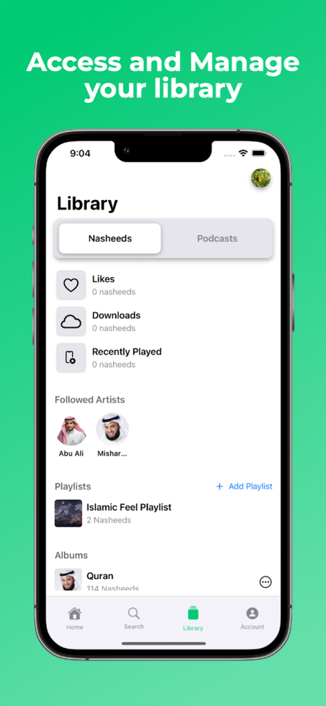 Nasheedify - 나시드와 재생 목록을 보여주는 Nasheedify 앱의 사용자 라이브러리 인터페이스