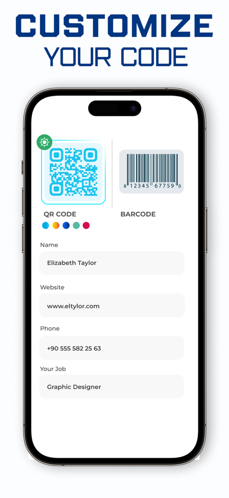 iPhone interface for customizing and generating a personalized professional QR code and barcode with contact details.