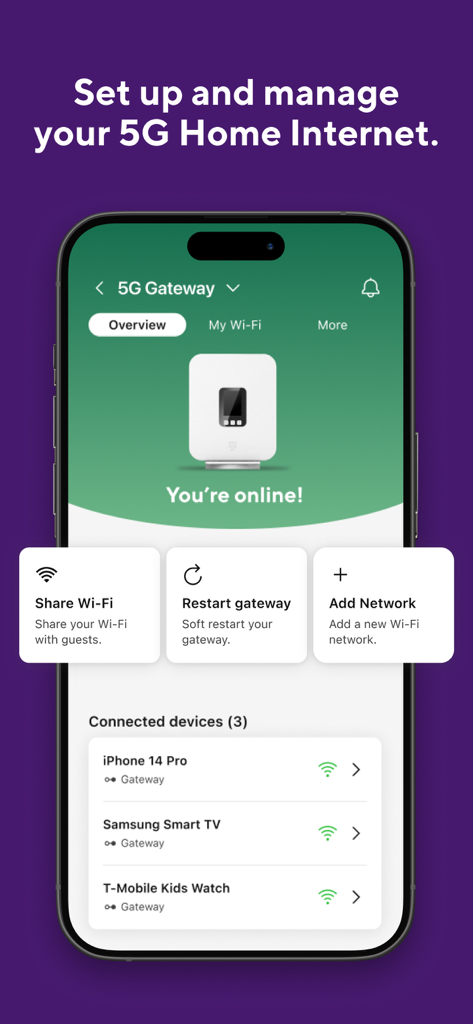Interface d'application mobile pour gérer la passerelle Internet domestique 5G et les appareils connectés.