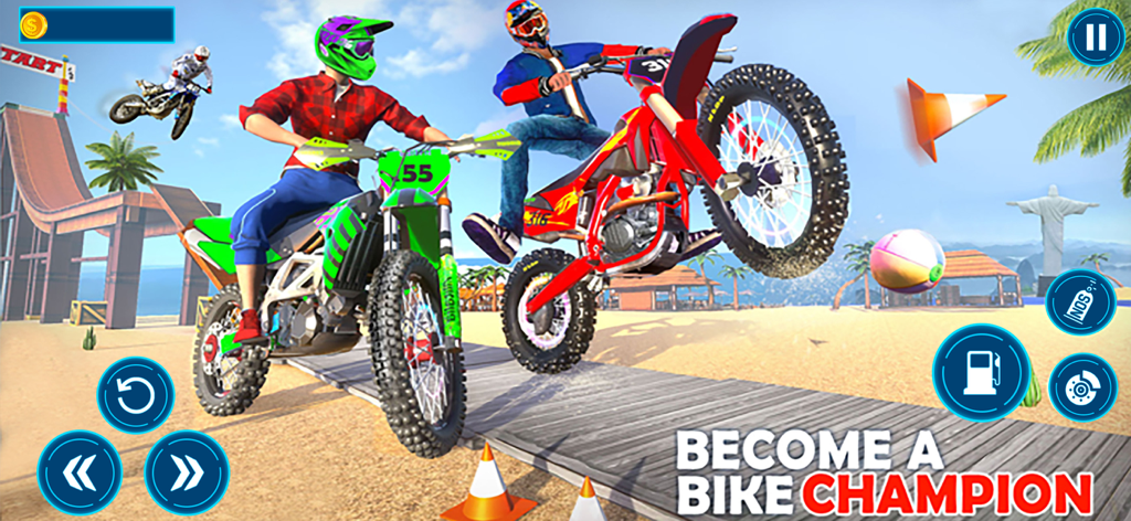 Dirt bike riders performing wheelies and stunts on a beach boardwalk in a 3D racing game.
