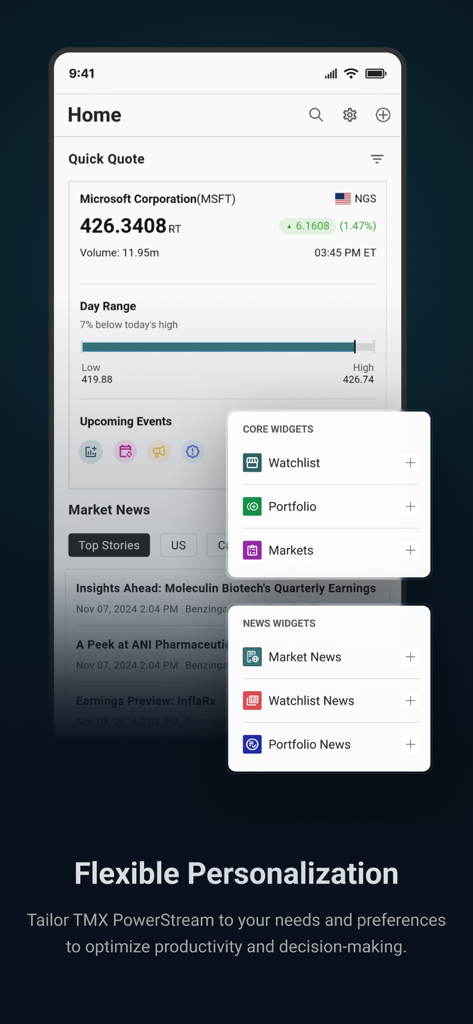 TMX PowerStream Mobile - TMX PowerStream Mobile app interface showcasing widget customization for financial data and news.