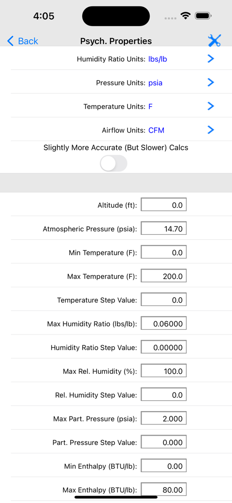 HVAC Psychrometric Plus - Pantalla de configuración de unidades psicrométricas y rangos de propiedades en la aplicación HVAC Psychrometric Plus