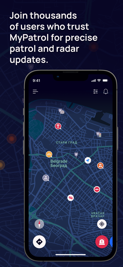 Map view of the MyPatrol app showing police patrol and radar locations.