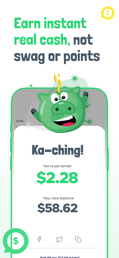 Qmee app interface showing a cash balance and a piggy bank mascot