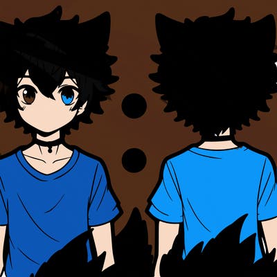 an anime boy with narrow eyes t-shirt fluffy hair and wolf ears and tail