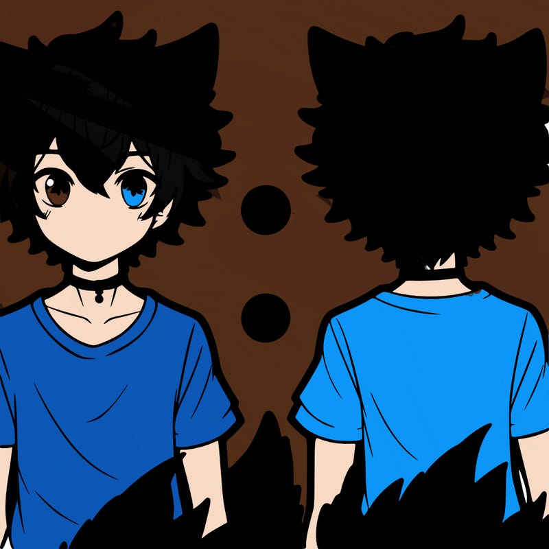 an anime boy with narrow eyes t-shirt fluffy hair and wolf ears and tail