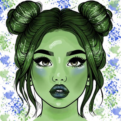 realistic girl with two buns on her hair and lips