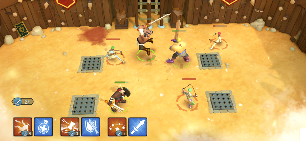 Tactical RPG combat scene in a Roman gladiator arena with various hero ability icons