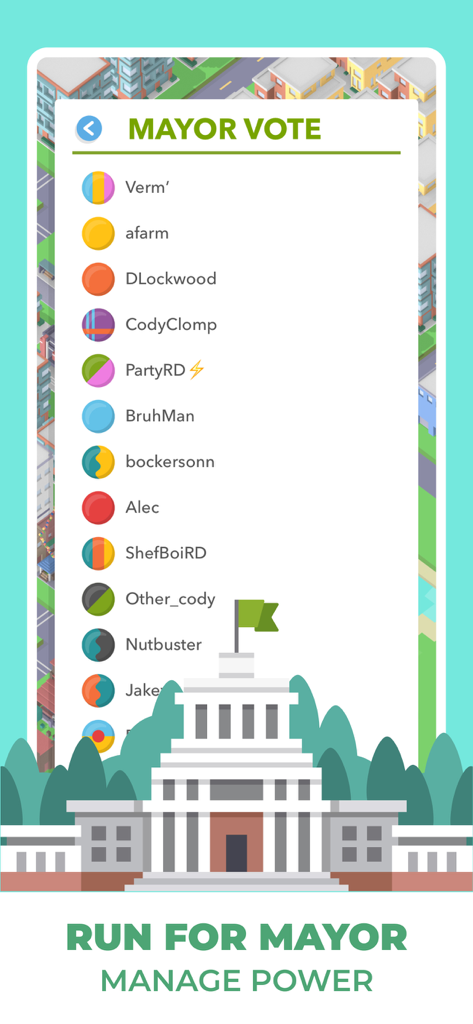Pixel Plex: City Builder - Écran d'élection du Maire dans Pixel Plex montrant une liste de joueurs candidats et une illustration du bâtiment de l'hôtel de ville.