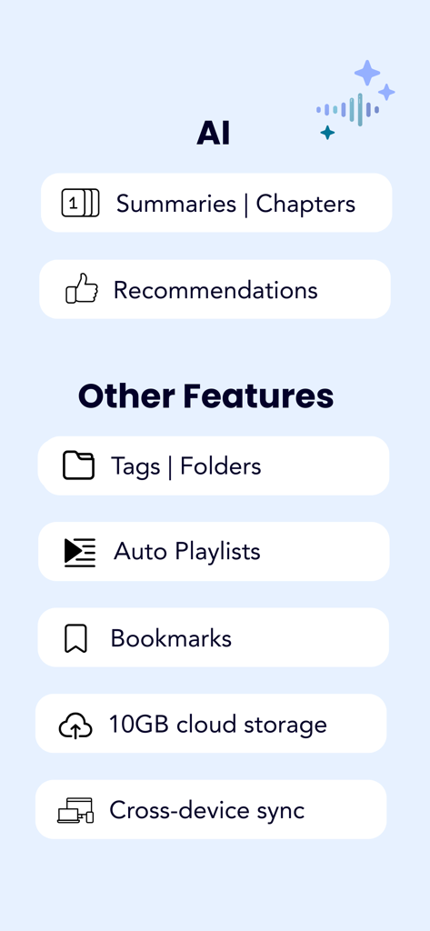 A list of Podurama app features including AI summaries, recommendations, folders, bookmarks, and cross-device sync