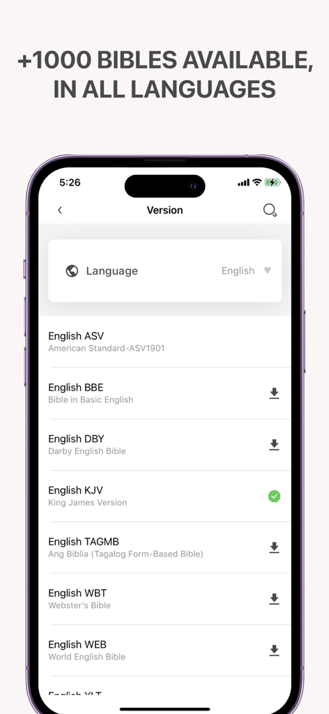 The: Bible App - Ein Smartphone-Bildschirm, der mehrere englische Bibelübersetzungen wie KJV und ASV zeigt, die in der Bible App verfügbar sind.