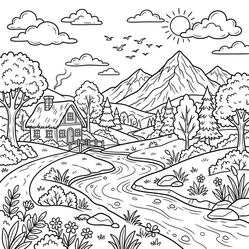 Dive into a serene natural world with this engaging coloring page, perfect for young artists to explore their creativity. Featuring a charming cottage, flowing river, and majestic mountains, it offers hours of imaginative fun.