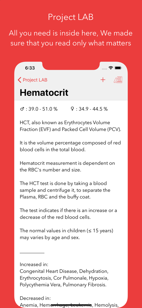 Project LAB - Project LAB app interface displaying hematocrit test information and normal ranges.