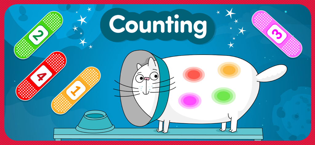 Educational counting game for toddlers featuring a cartoon cat and numbered bandages.