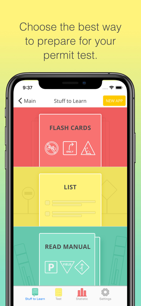 Pennsylvania DMV - Permit test - Smartphone screen showing flashcards list and manual study options for the Pennsylvania DMV permit test.