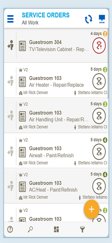 HotSOS Mobile - HotSOS Mobile app interface showing a list of hotel service orders and maintenance tasks for guestrooms
