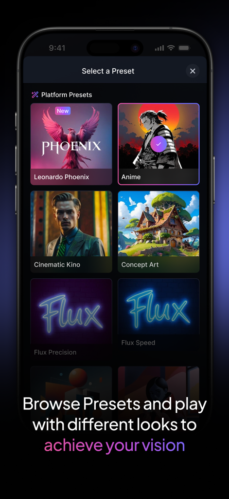 Interface de l'application Leonardo.Ai montrant des préréglages artistiques comme Anime et Cinematic Kino