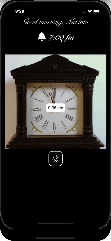 Jeeves the alarm bell - Interface of Jeeves the alarm bell app showing an antique mantel clock and a formal morning greeting
