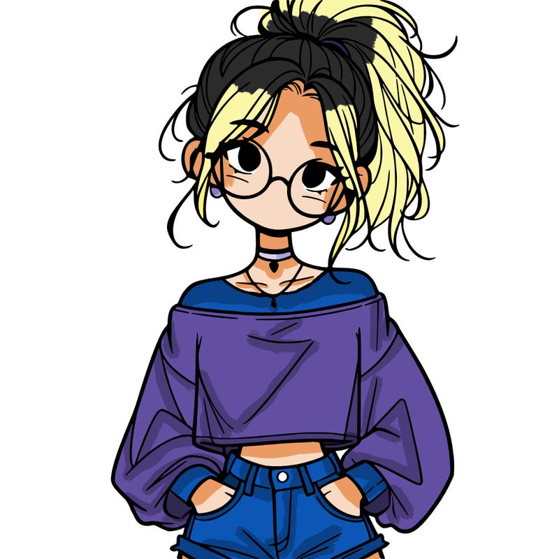 girl with a messy ponytail glasses a baggy crop top and jean shorts