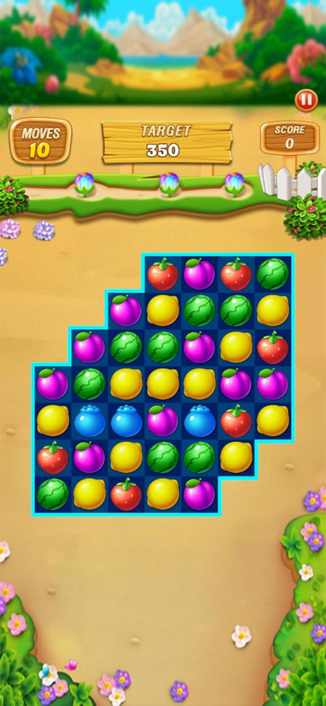 수박, 딸기, 레몬이 열대 배경에 등장하는 Fruit Frenzy Link Match Puzzle의 다채로운 게임 보드