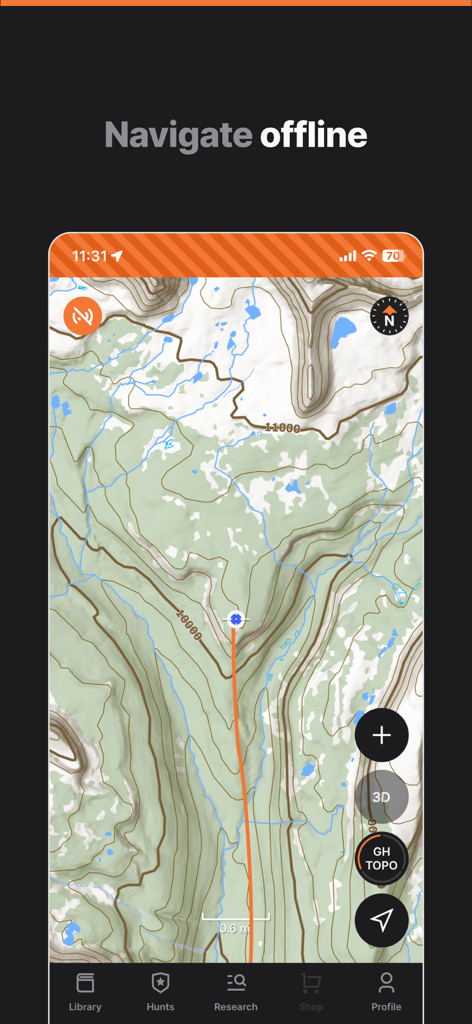 GOHUNT: Research & Maps - Tela do aplicativo GOHUNT mostrando navegação topográfica offline e rastreamento GPS