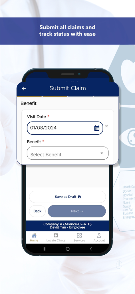 iCare 2.0 - Pantalla de la aplicación iCare 2.0 para enviar reclamaciones médicas que muestra campos de fecha de visita y selección de beneficios