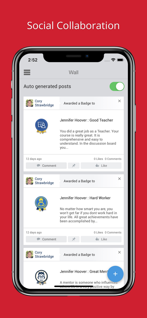 BNI® Business Builder - BNI Business Builder app screen displaying a social wall with member recognition badges