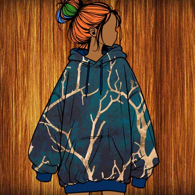 realistic girl with a oversized sweatshirt on and a bun