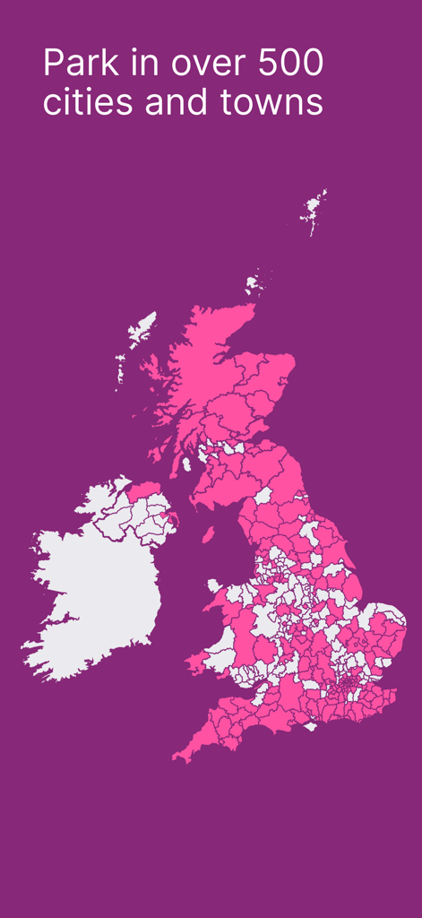 A map of the United Kingdom highlighting parking coverage in over 500 cities and towns