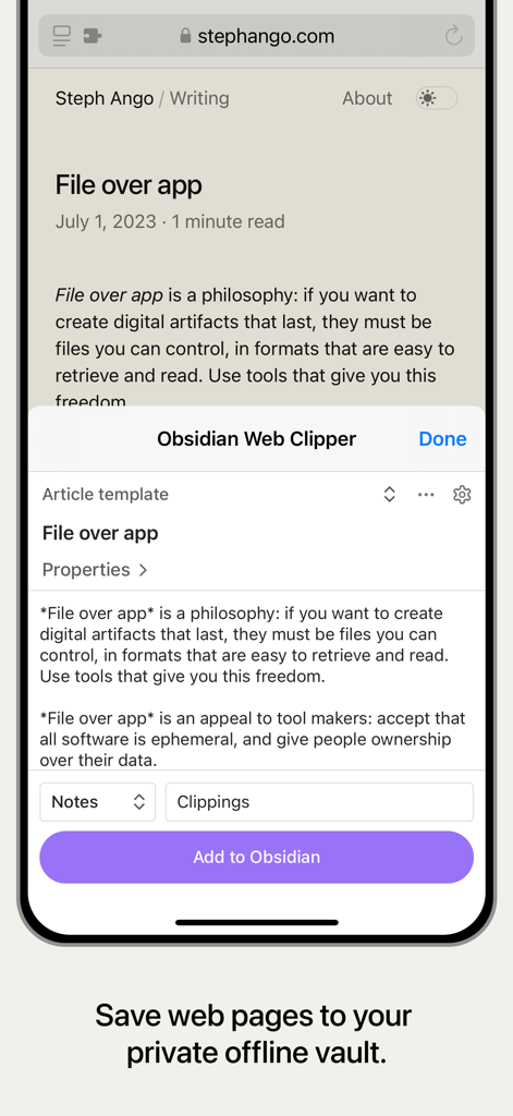Obsidian Web Clipper - Obsidian Web Clipper interface showing how to save a web article to a private offline vault.