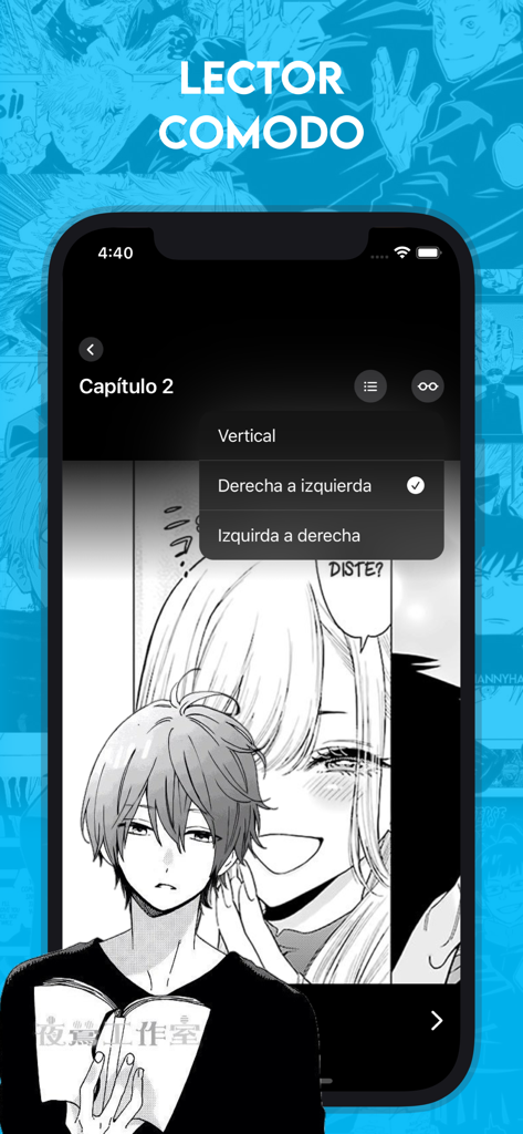 Mango Manga app interface showing reading orientation settings in Spanish
