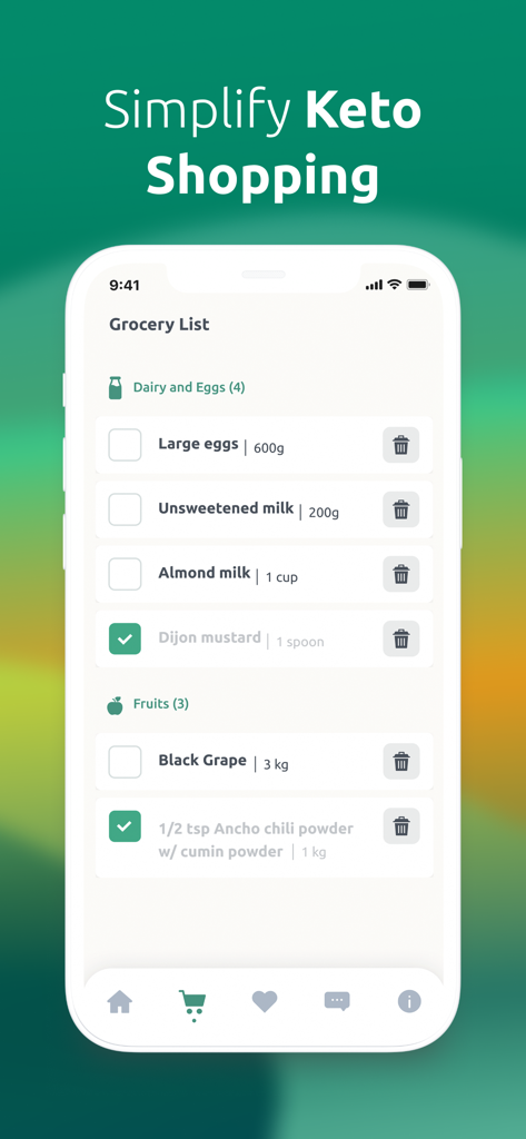 Tela de smartphone mostrando o recurso de lista de compras do Keto Diet App com itens alimentares categorizados