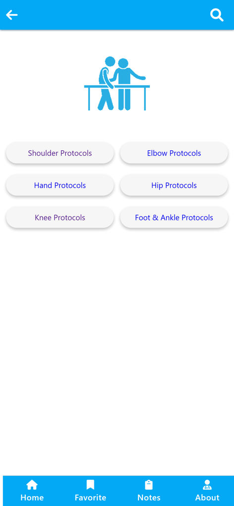 Physiotherapy Learning - Menü mit Rehabilitationsprotokollen nach Körperregion in der Physiotherapie-Lern-App