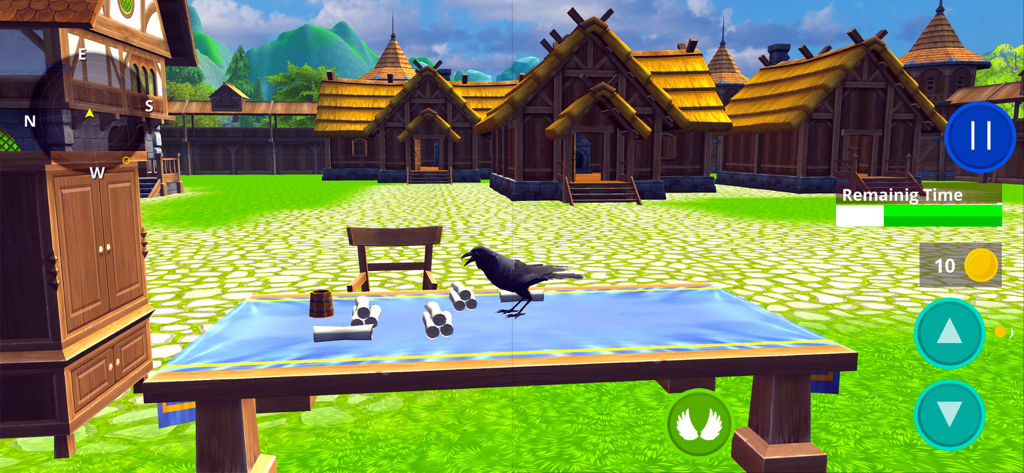 Raven Crow Bird Simulator 3D - A black raven standing on a table with scrolls in a medieval Norse village