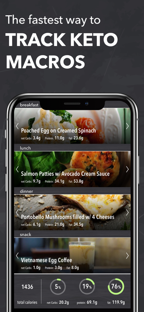 Mobile app interface of Keto Recipes showing daily meal plans with macro nutrient breakdown for breakfast lunch and dinner