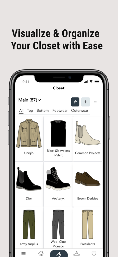 Twelve70: Outfit Generator - Twelve70 app interface showing a minimalist digital closet with menswear items like jackets boots and trousers